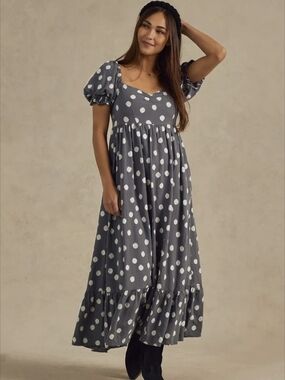 Rylee + Cru Chloe Gray Polka Dot Puff Sleeve Maxi Dress